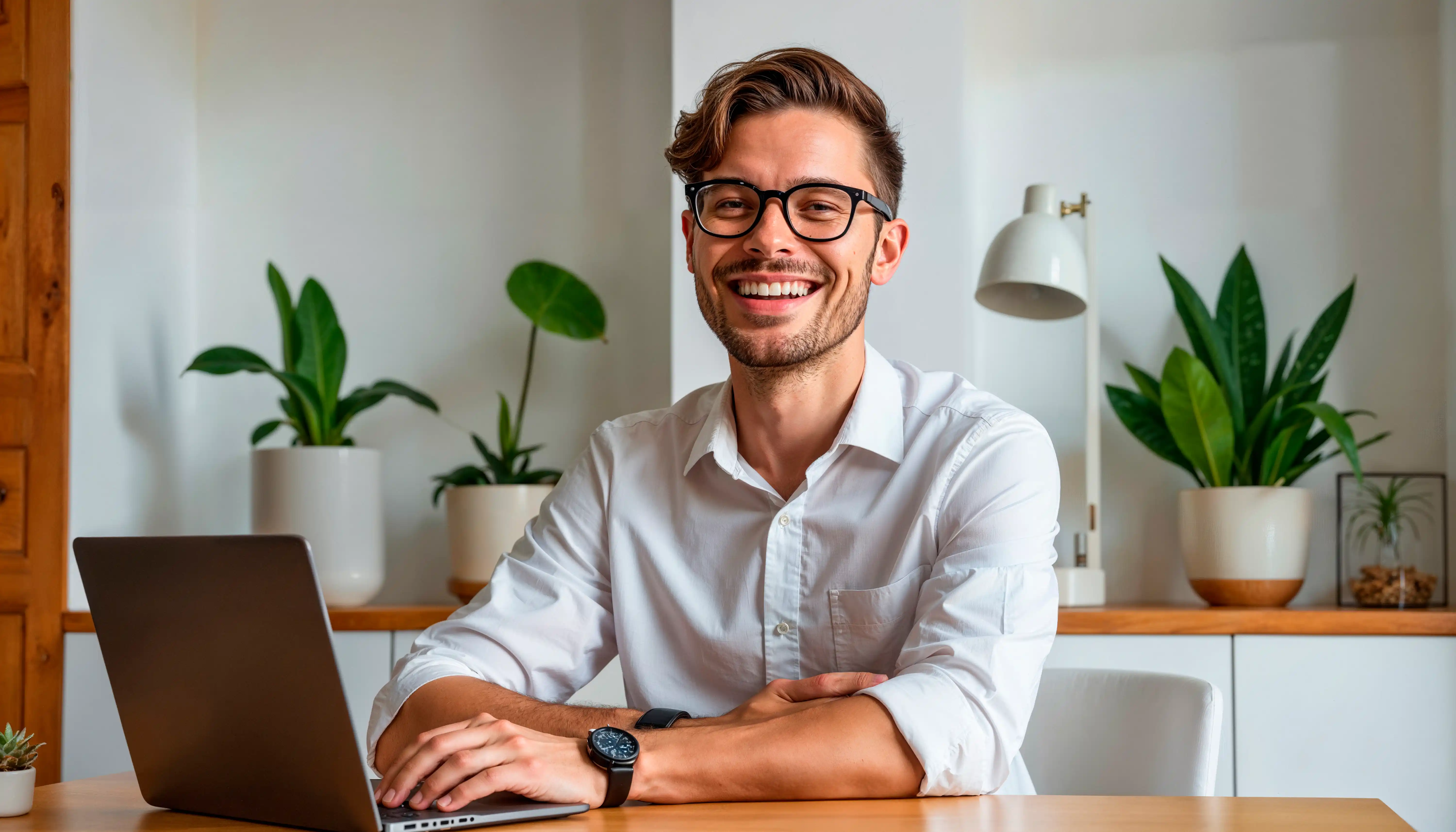 Smiling man working at a laptop